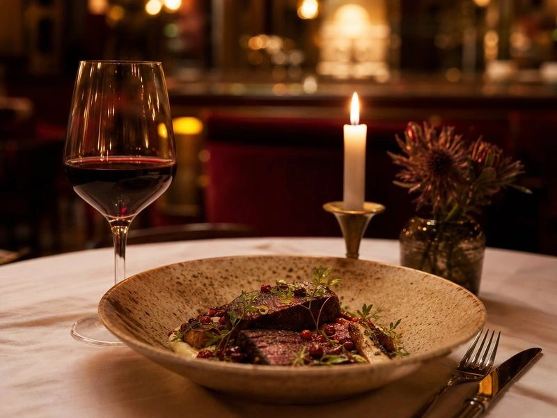 Magyar ihletésű fine dining tányér vörösborral